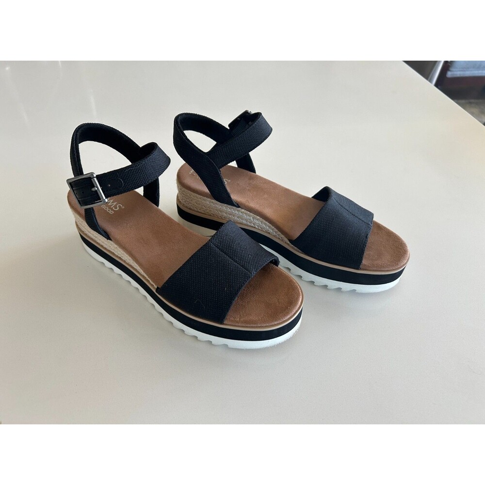 TOMS Women's Size 9 Black Ankle Strap Platform Espadrille Wedge Sandals